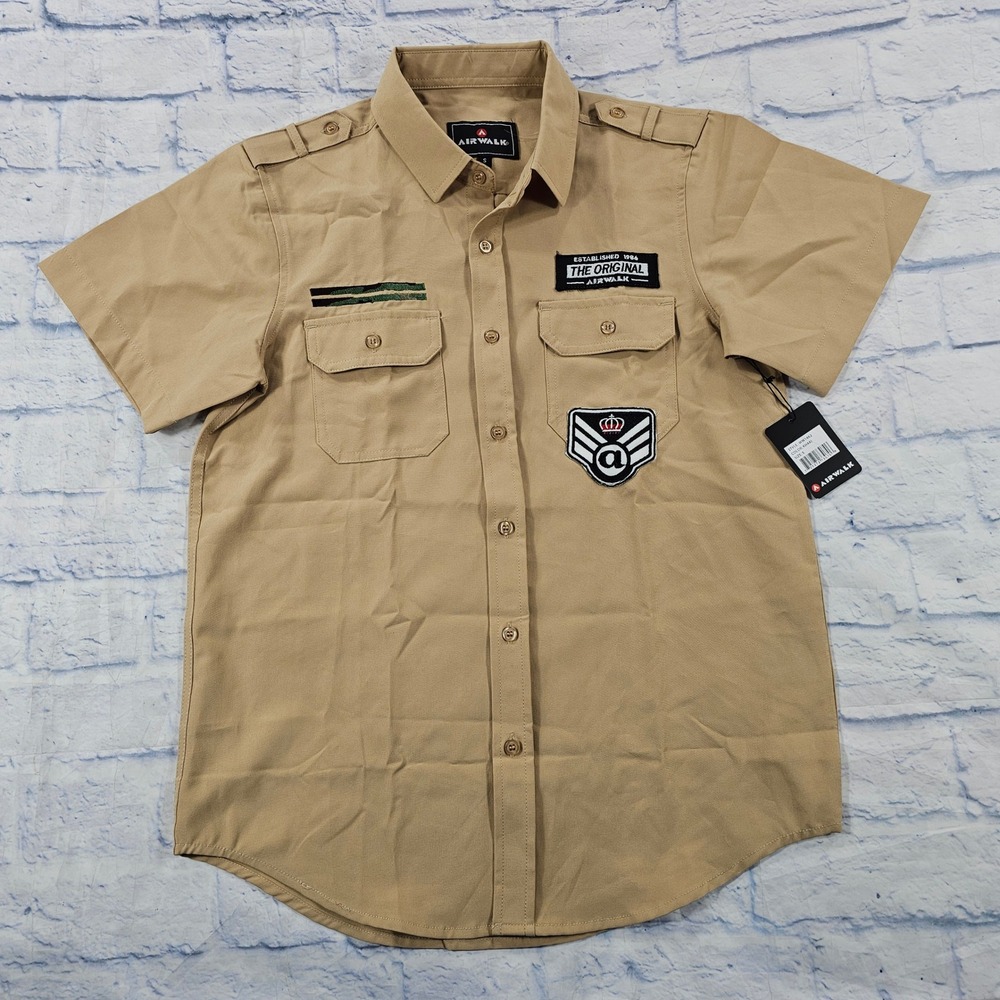 Airwalk Button Shirt Mens S Khaki Military Utility Short Sleeve Patch Tan